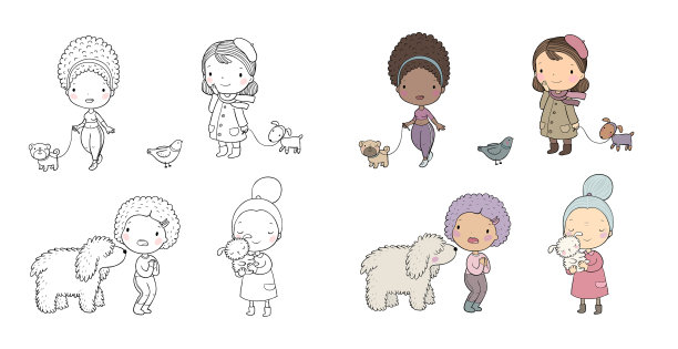 养宠物的人可爱的卡通女人和狗图片下载