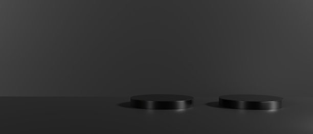 3D渲染的圆柱体平台与黑色的颜色在黑暗的背景。产品展示平台简约风格。空洞的黑暗。黑色的旗帜基座。图片下载