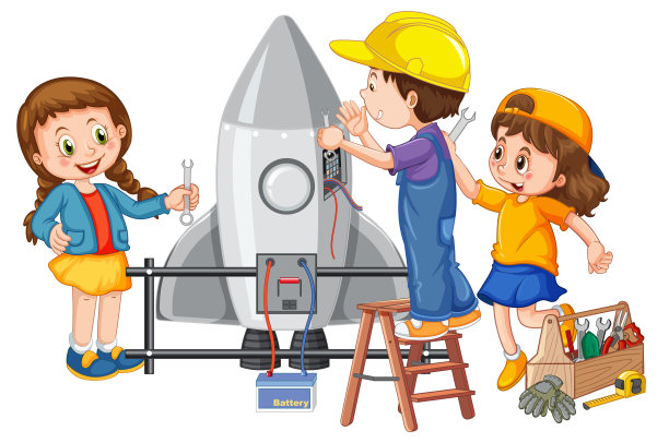 孩子们在白色背景上组装火箭图片下载