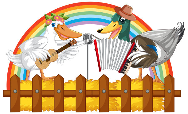 小鸭子在白色的地面上唱歌、弹吉他、拉手风琴图片下载