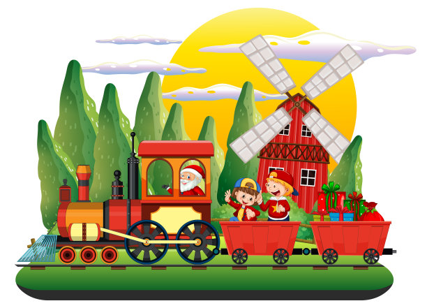 一个孩子在火车上与自然场景农场场景图片下载
