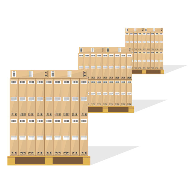 木箱放在木托盘上。用于储存和货物的纸箱包裹，有条形码、象形图和文字贴纸。图片下载