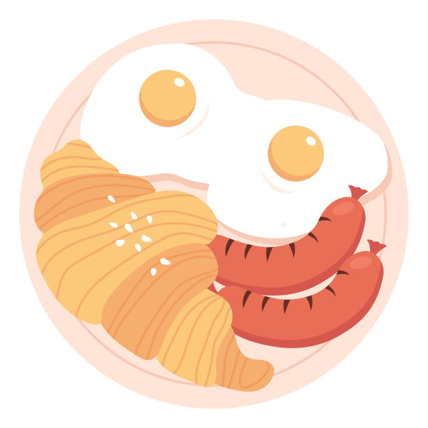 美味的早餐。煎蛋配香肠和羊角面包图片下载