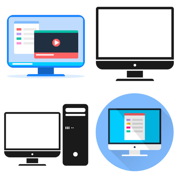 桌面电脑图标孤立在白色背景。带有播放器屏幕保护程序的蓝色电脑显示器图标。向量,卡通插图。向量。图片下载