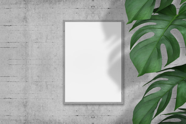 空白画框的照片，艺术，图形与叶子。框架模型模板的背景纹理。三维渲染图片下载