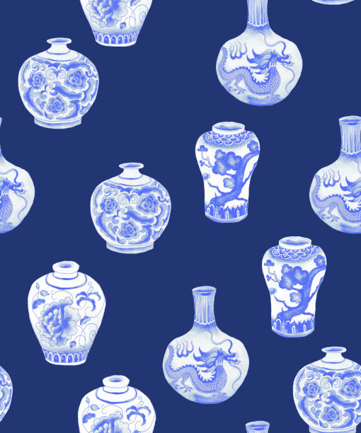 蓝色的中国花瓶，插着一束菊花，牡丹，玫瑰。无缝图案，用水彩画传统东方符号图片下载