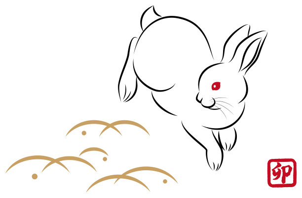 贺岁卡材料:兔年。跳跃的兔子。时髦的水墨画风格插图绘制与画笔。向量图片下载