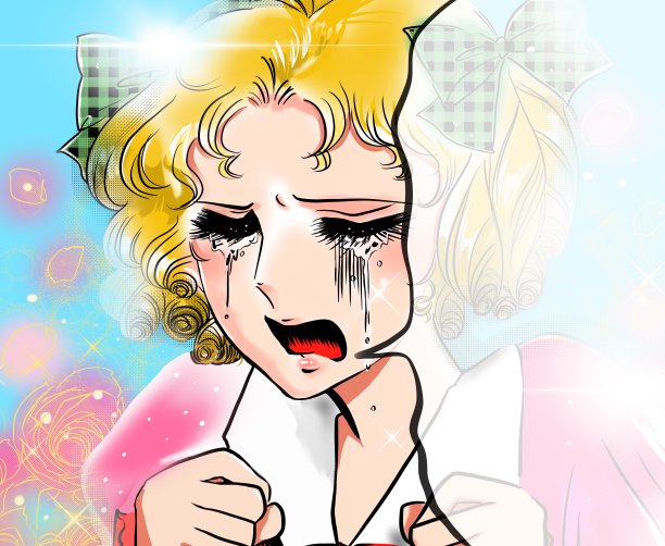 少女70年代的漫画风格的彩色插图，一个年轻的女孩与金发和垂直卷谁被甩后哭了很多，有一个巨大的心碎图片下载