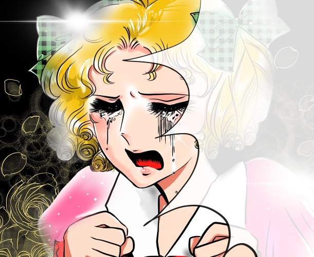 少女70年代的漫画风格的彩色插图，一个年轻的女孩与金发和垂直卷谁被甩后哭了很多，有一个巨大的心碎图片下载