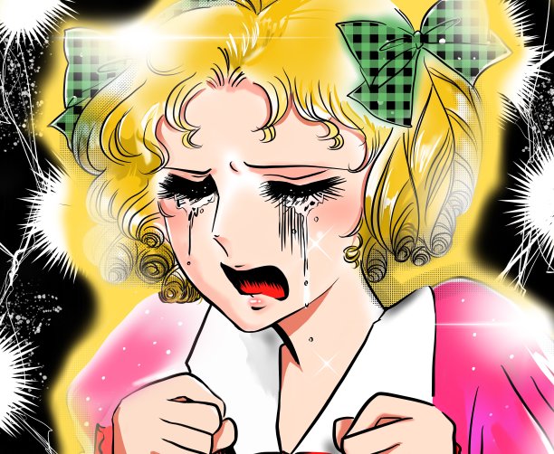 少女70年代的漫画风格的彩色插图，一个年轻的女孩与金发和垂直卷谁被甩后哭了很多，有一个巨大的心碎图片下载