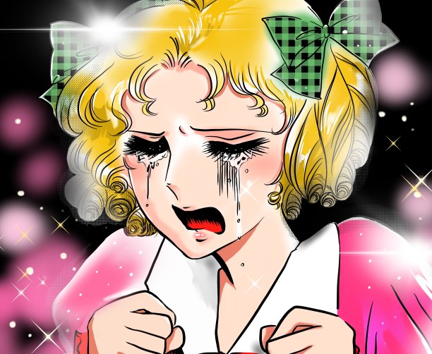 少女70年代的漫画风格的彩色插图，一个年轻的女孩与金发和垂直卷谁被甩后哭了很多，有一个巨大的心碎图片下载