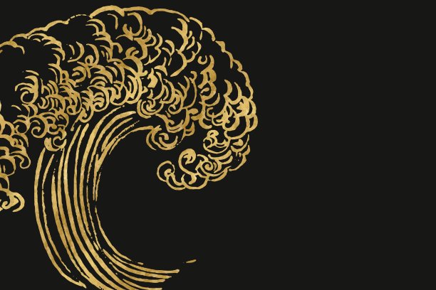 黑色背景上金色的传统日本波浪的抽象插图。黑暗的东方风格模板与复制空间图片下载