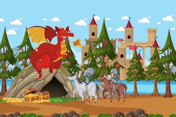 骑士们在城堡里与龙搏斗图片下载