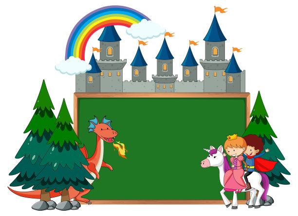 空黑板横幅与童话卡通人物和元素分离图片下载