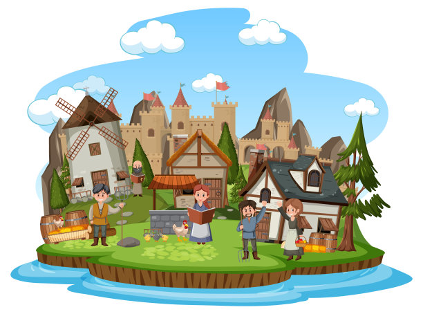 中世纪村庄，白底是村民图片下载