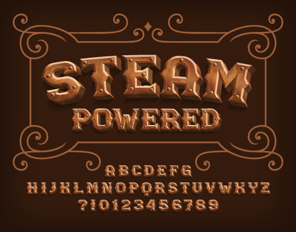 蒸汽动力字母字体。蒸汽朋克铆钉3d字母和数字。图片下载