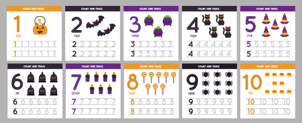 收集儿童学习数字的抽认卡。万圣节元素。图片下载