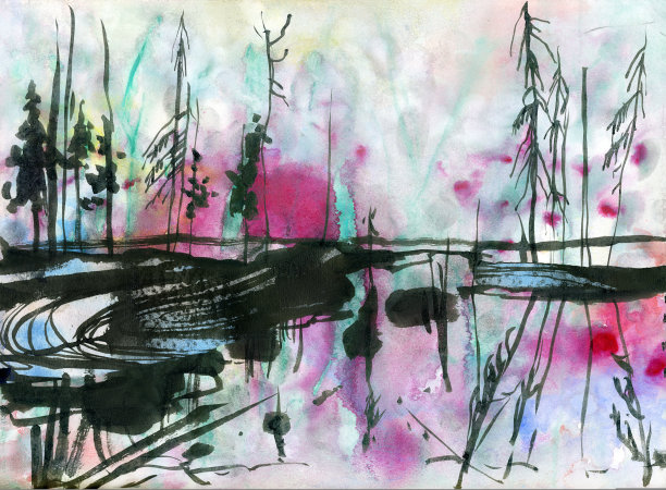 手绘水彩景观与北极光。图片下载