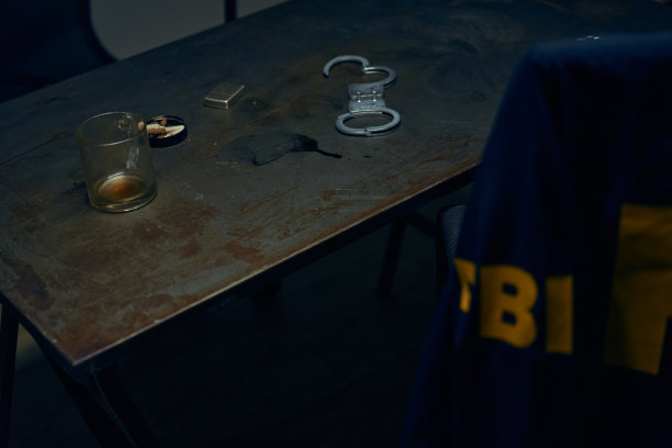 在审讯室的桌子上放着手铐和空杯子图片下载