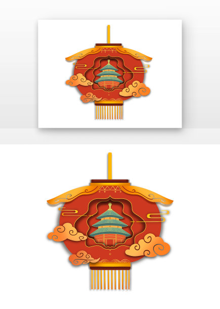 红色国潮剪纸风国庆节建筑祥云灯笼图片下载