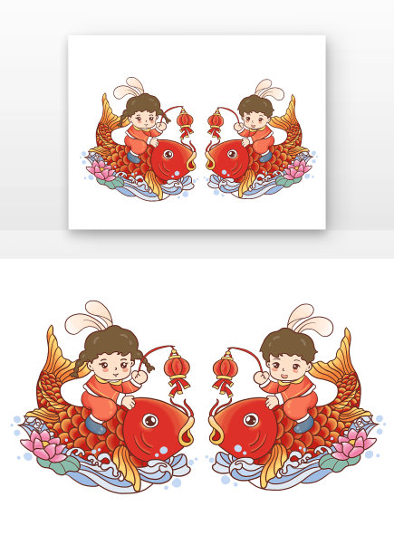 红色卡通新年骑着锦鲤的男孩女孩元素图片下载