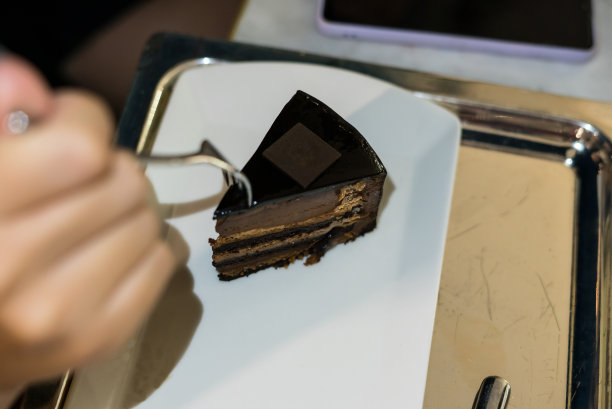 巧克力蛋糕在白色的盘子上，手拿叉子图片下载