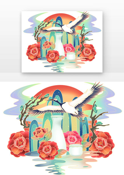 国庆潮流仙鹤花鸟组合图片下载