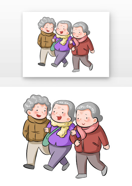 手绘老年人聚会散步图片下载