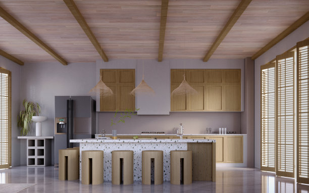 3d渲染，3d插画，室内场景和模型，斯堪的纳维亚风格的厨房角落，大理石和木制厨房，餐桌和酒吧凳。图片下载