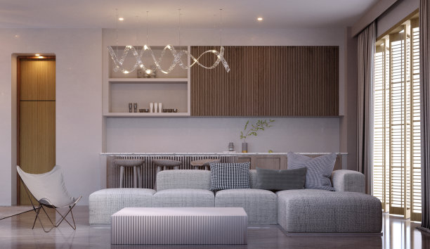 3d渲染，3d插图，室内场景和模型，厨房角落和客厅，材料大理石和木制，客厅沙发大窗户。图片下载