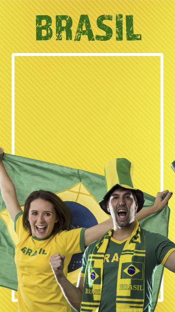 巴西球迷，一对在黄色背景下庆祝的情侣。图片下载