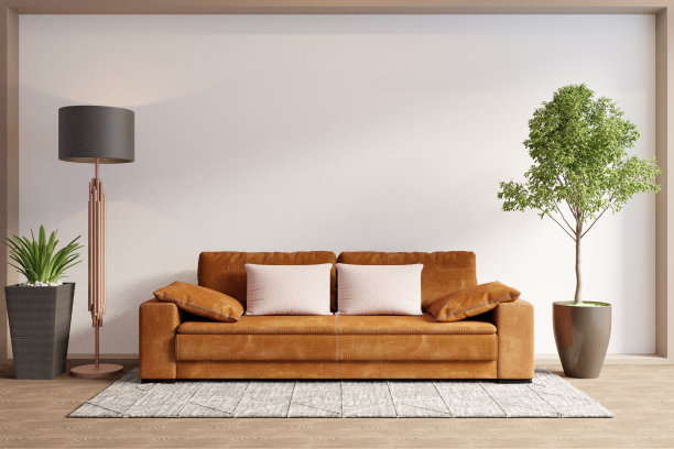 室内装饰采用极简风格，棕色沙发。图片下载
