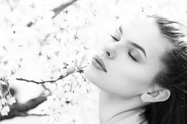 樱花盛开背景中的美女肖像图片下载