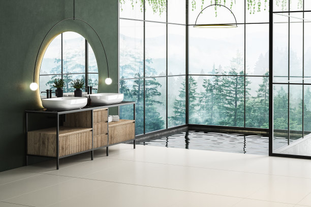 现代简约的浴室内部，深绿色的墙壁，图片下载