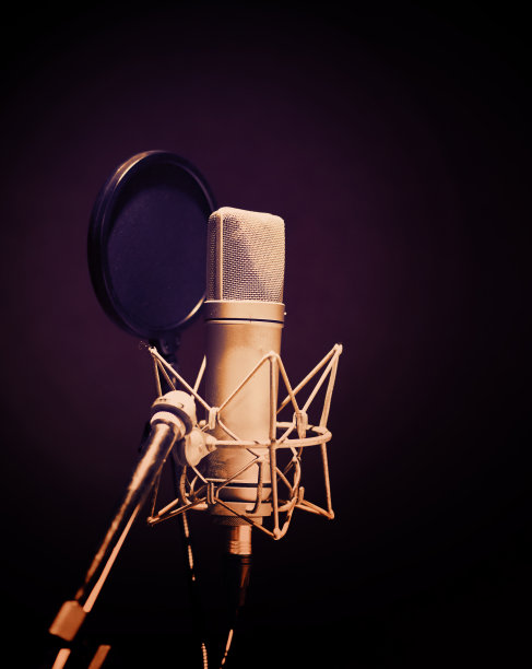 专业麦克风和防振麦架。录音棚制作中的麦克风。关闭麦克风和震波架的流行过滤器在演播室。电容麦克风对抗黑暗和拷贝空间。图片下载