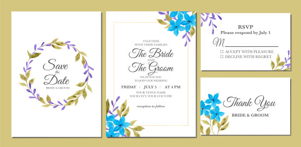 手工绘制的鲜花水彩婚礼请柬。图片下载