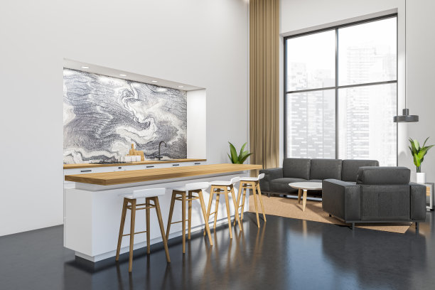 室内灯光工作室，设有放松和烹饪区，全景窗图片下载