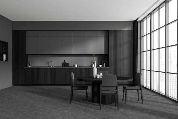 灰色的厨房内部有餐桌和椅子，厨房用具和窗户图片下载