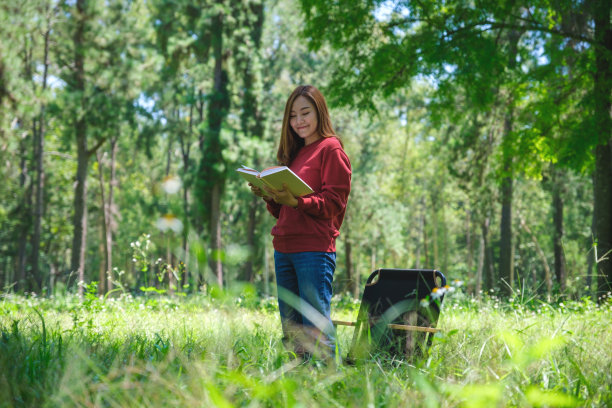 一个年轻漂亮的亚洲女人在公园里读书的肖像图片下载