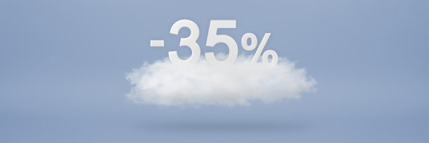折扣35%。大折扣，最高可达35%。3D数字漂浮在蓝色背景的云上。副本的空间。在项目中插入广告横幅和海报图片下载