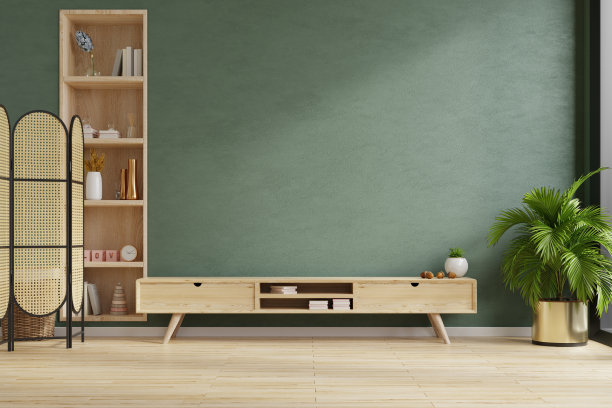 客厅有木制的电视柜，绿色的墙壁背景。图片下载
