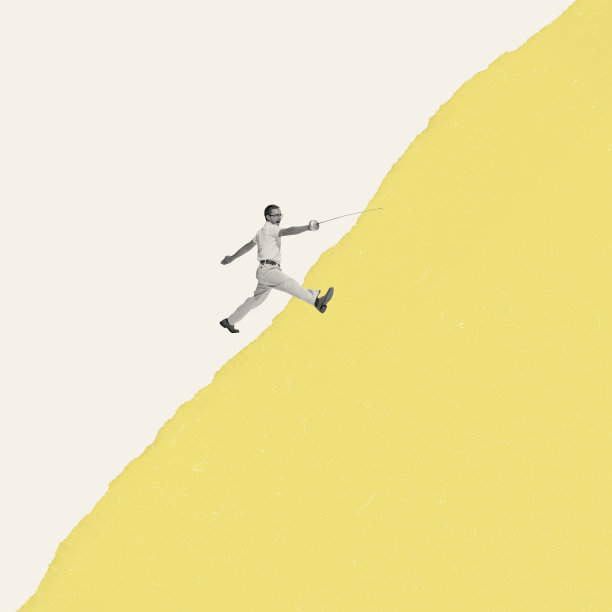 当代艺术拼贴。时尚感性的男人踏着剑，准备战斗图片下载