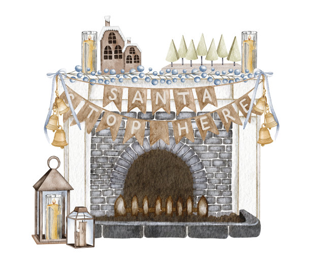 水彩壁炉装饰。手绘节日插图与内部对象孤立在白色背景设计，打印，织物或背景图片下载