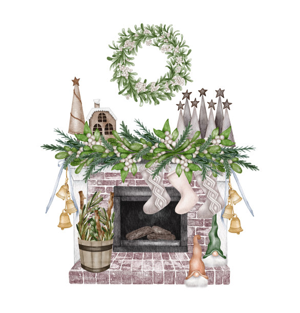 水彩壁炉装饰。手绘节日插图与内部对象孤立在白色背景设计，打印，织物或背景图片下载