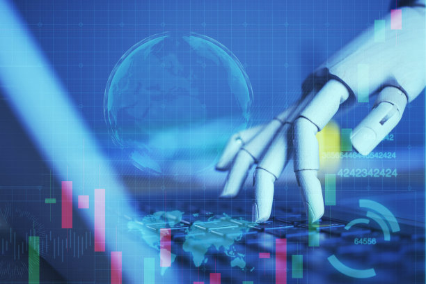 机器人手指指向笔记本电脑按钮与闪光和HUD效果，机器人，人工智能，机器人顾问，系统软件，遗传程序网络，聊天机器人智能技术概念图片下载