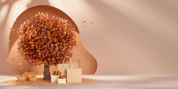 秋季促销横幅模板与空间的文本。审美的背景。树上有红黄的叶子，橙色的南瓜，礼品盒和购物袋在草地上。明亮的3d秋季插图。图片下载