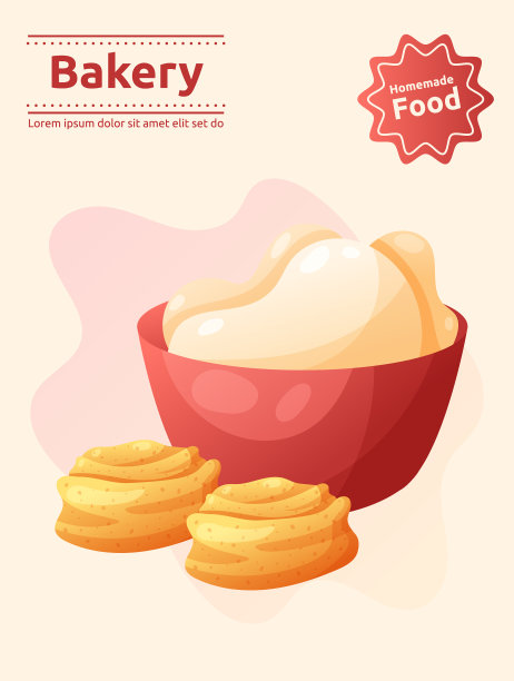 红色碗与面团和面包烘焙咖啡糕点图片下载