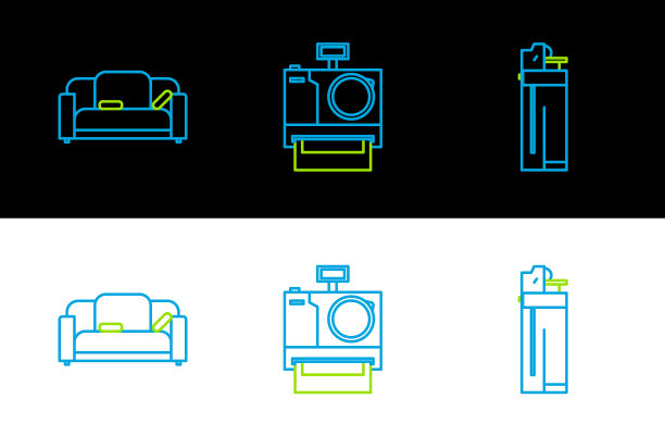 设置线条打火机沙发和照片相机图标图片下载