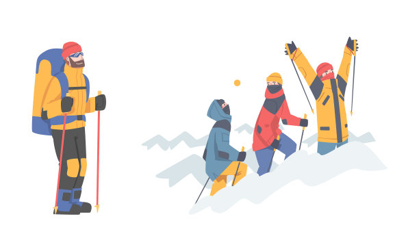 冬天拿着棍子徒步旅行的登山者图片下载