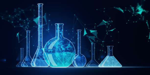 宽蓝色科学壁纸低聚网络和烧瓶。遗传研究。基因工程。DNA基因组。现代医学和生物技术。人类的细胞生物学。3 d渲染。图片下载